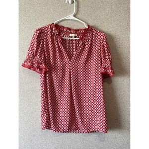 Max Studio Red Floral Print‎ Blouse Ruffle Trim Short Sleeve Top M